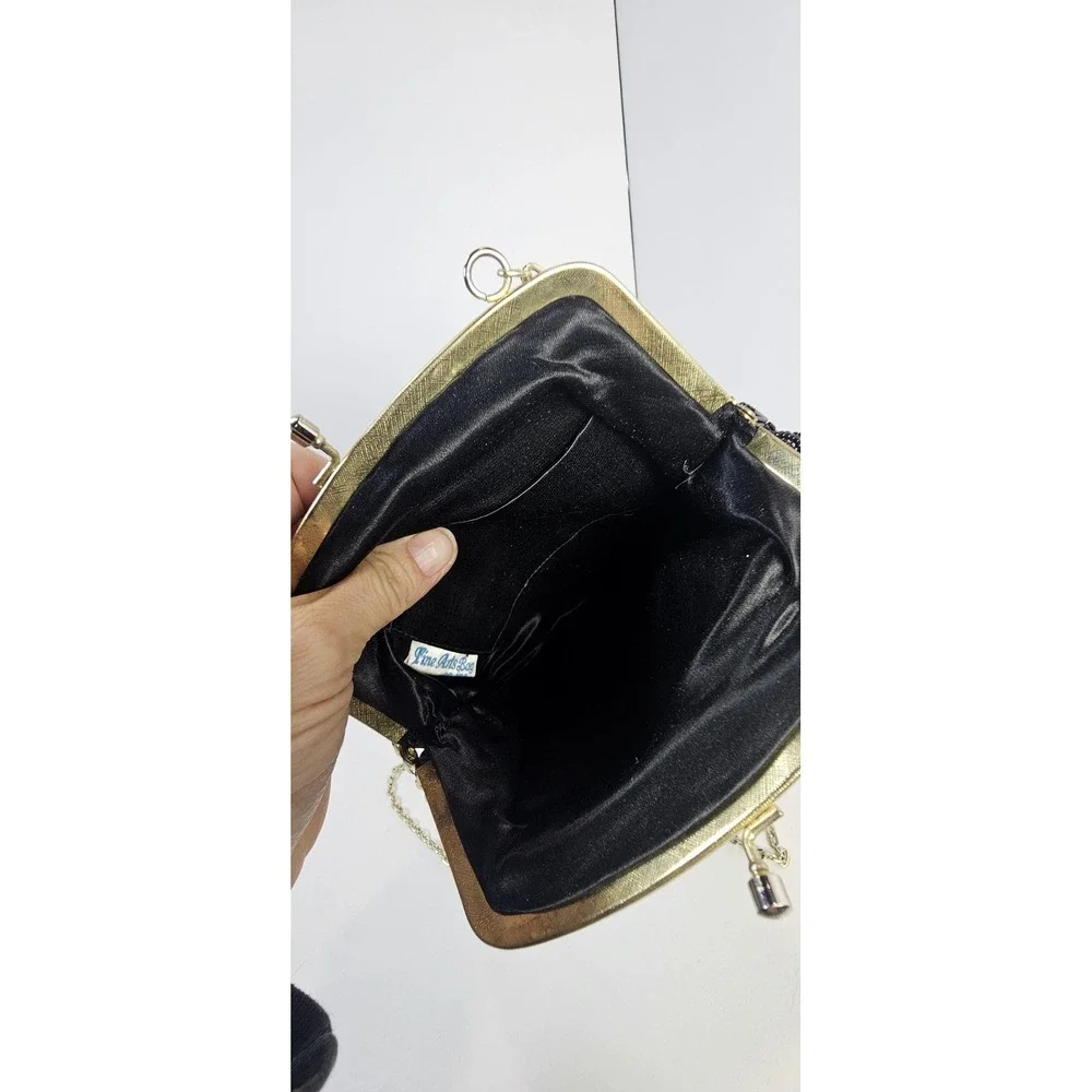 Vintage‎ Fine Arts Bag Black Beaded Evening Purse Gold Frame Chain Strap